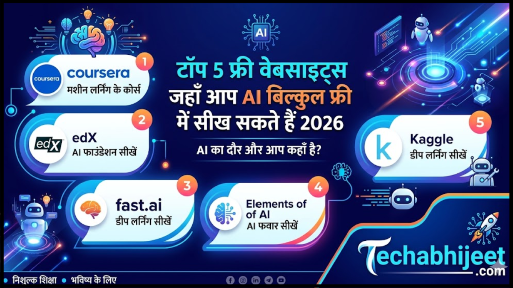 Top 5 फ्री वेबसाइट्स जहाँ आप AI बिल्कुल फ्री में सीख सकते हैं 2026 AI का दौर और आप कहाँ है?